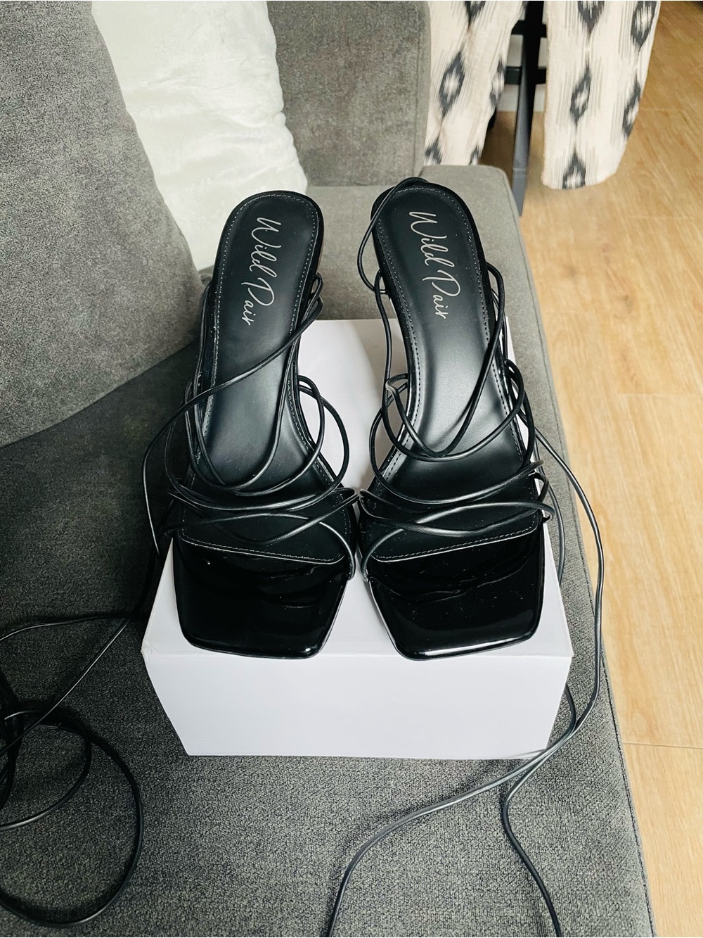 Wild Pair Black Lace-Up Square Toe Heeled Sandals